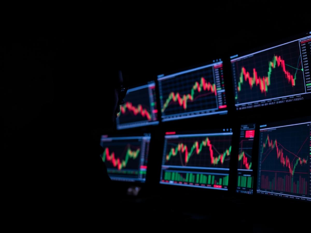 Analyst reviewing glowing market charts across several monitors at night